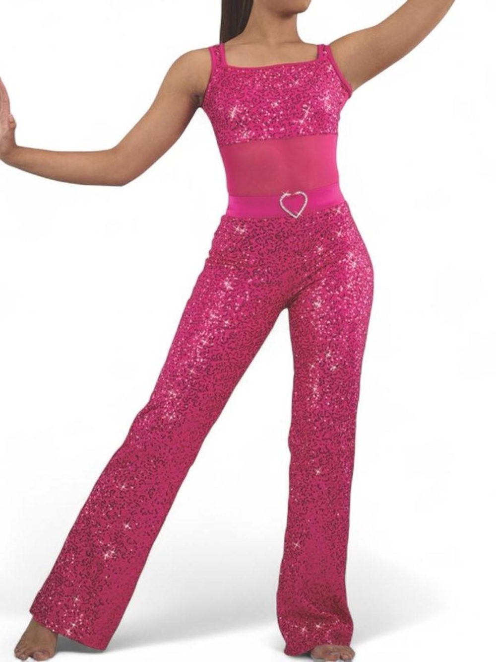 Weissman Hot Pink Sequin Boot Cut Jumpsuit with Heart Belt